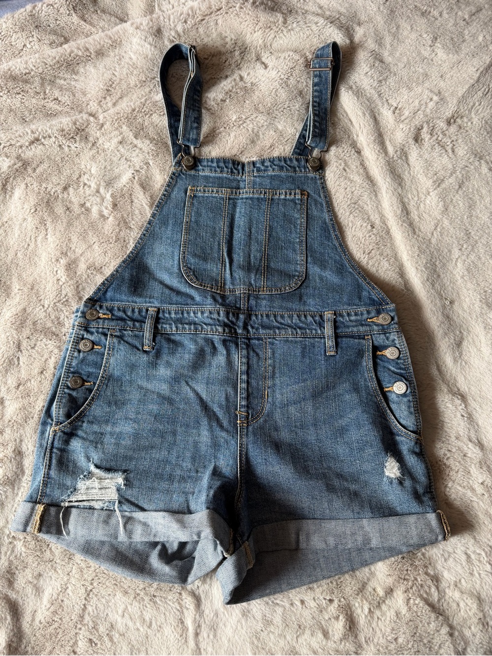 Old Navy Blue Denim Overall Shorts with Distressed Hem